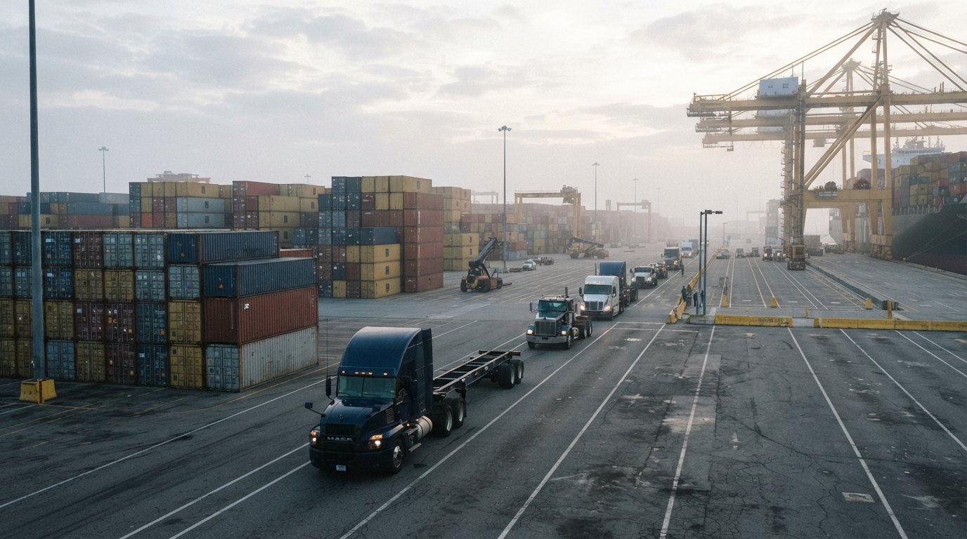 Trucks moving along a container terminal road